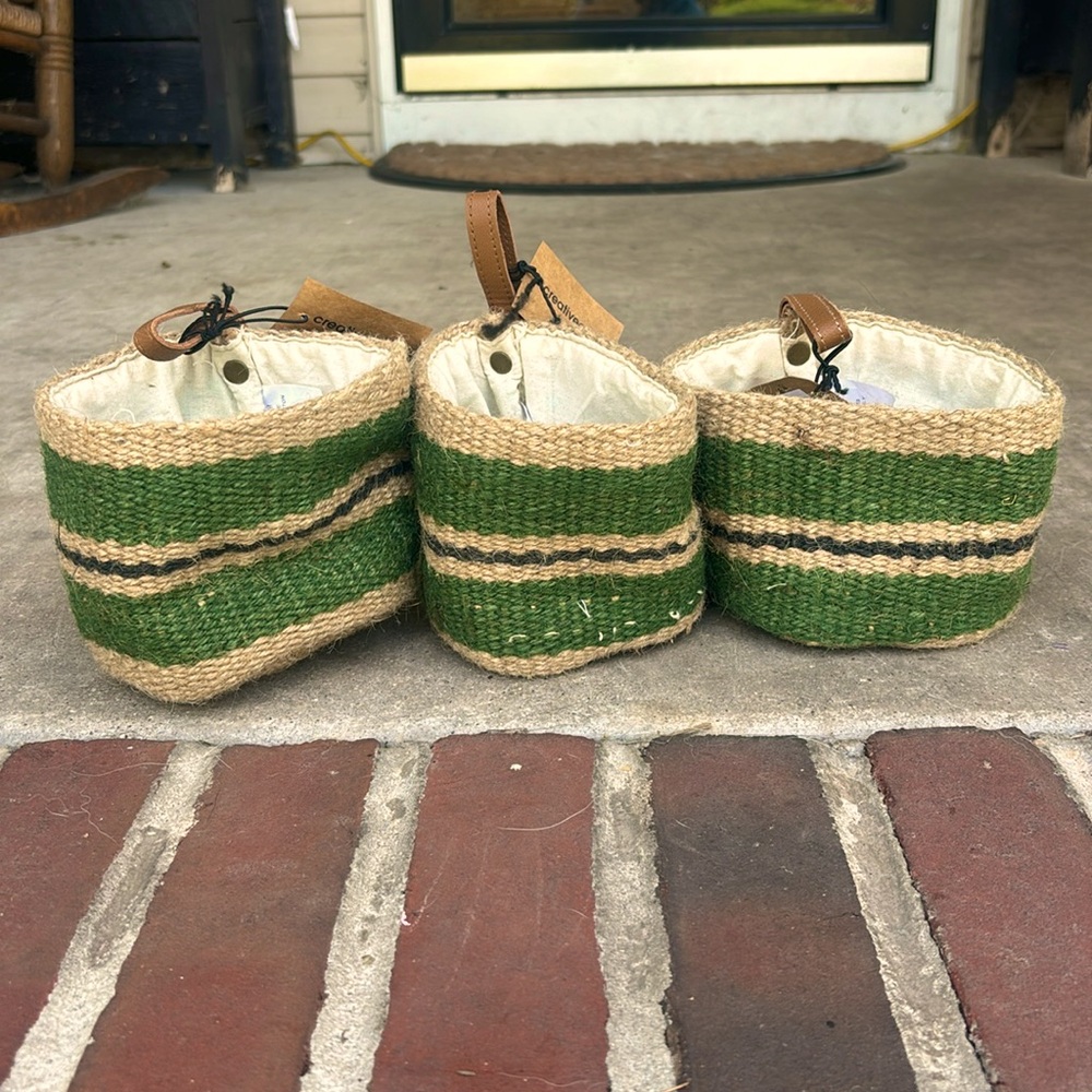 3 NWT green jute & leather wall plant holders